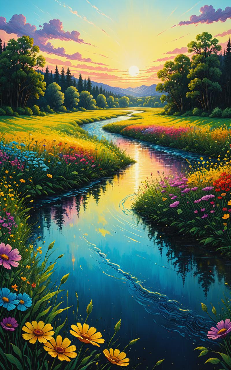 10619-215271151-A bright colorful painting depicting a calm, quiet river running through a meadow with beautiful flowers, a sky with clouds illu.png